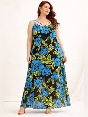 Y2K Romantic Floral Chiffon Maxi Dress Cutout Editorial mbLm Sz 3X